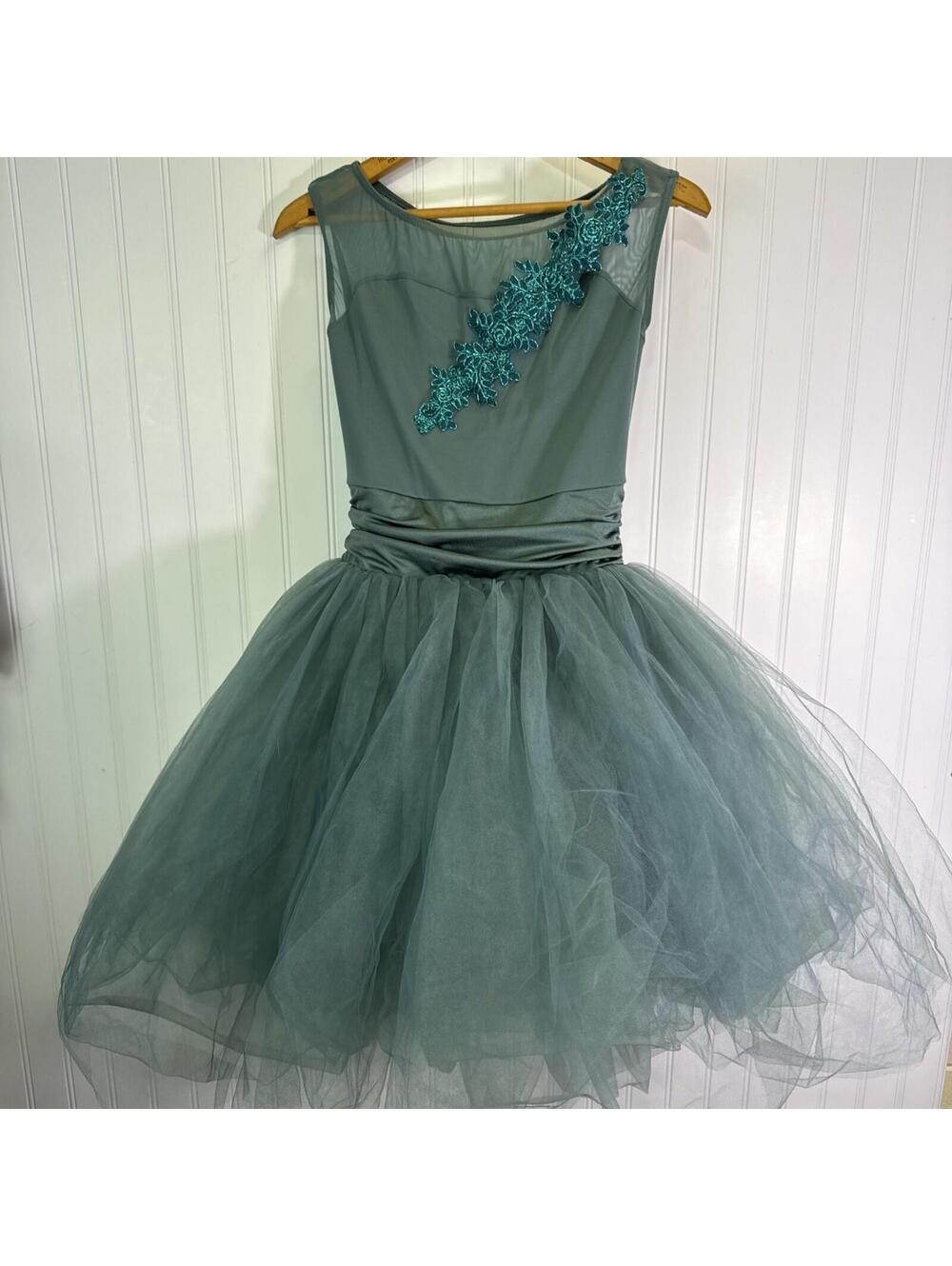 Weissman A Thousand Miles Mesh Tulle Dress Child XL Green Boat Neck Applique